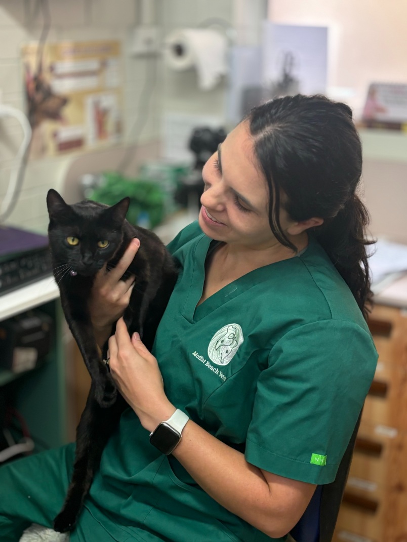 Brunette woman holding black cat and smiling at it